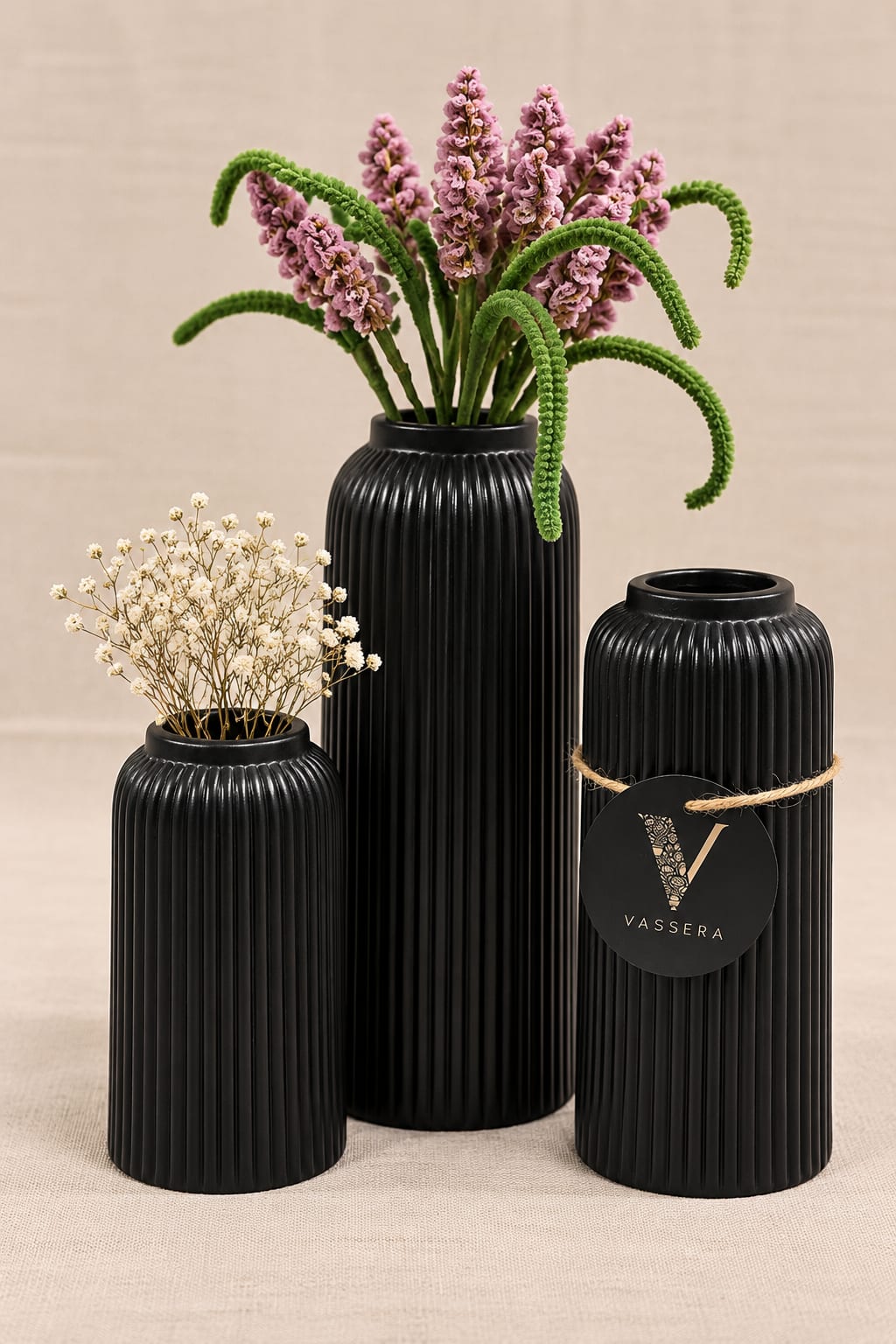 Noir Ribbed Ceramic Vase Trio