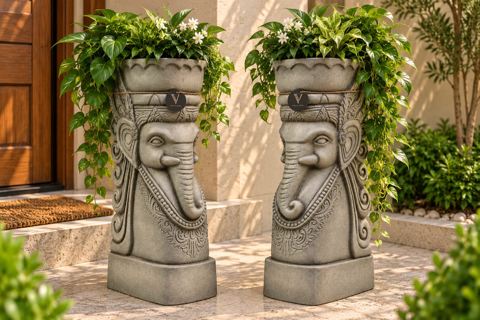 Stone Ganesha Guardian Sculpture Pair