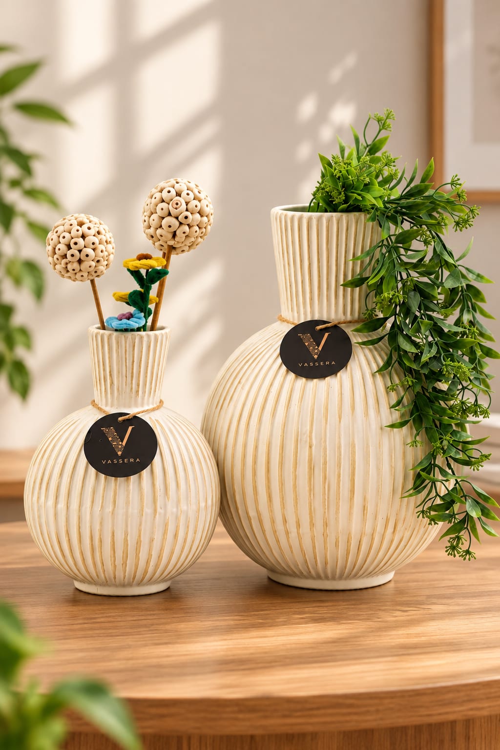 Ivory Harmony Ribbed Ceramic Vase Duo