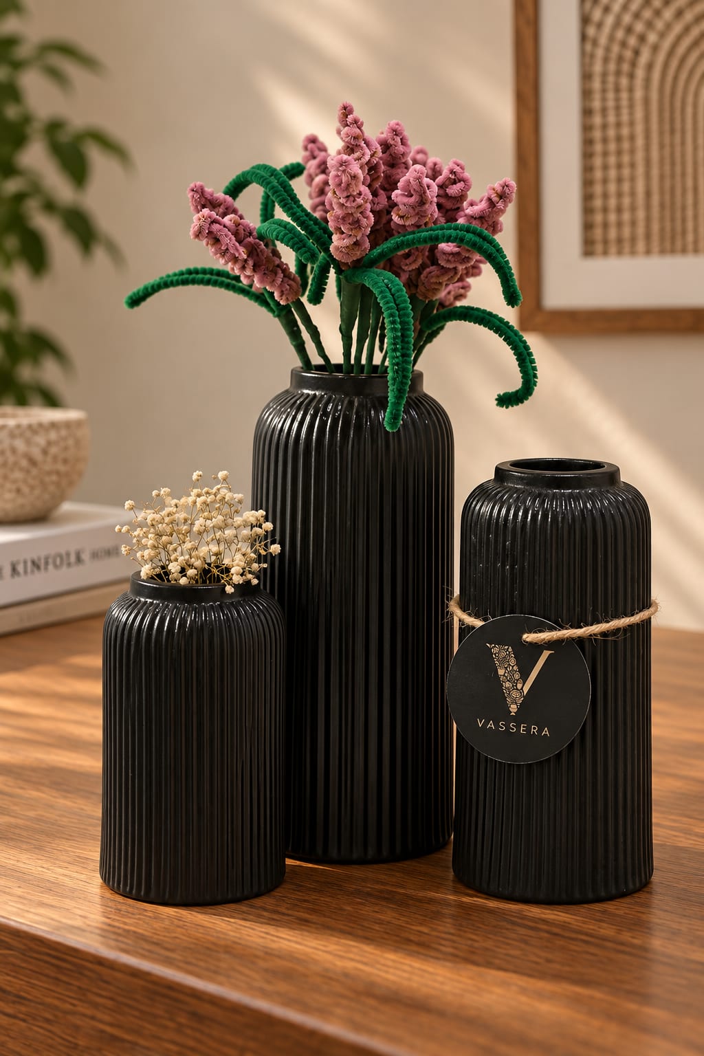 Noir Ribbed Ceramic Vase Trio
