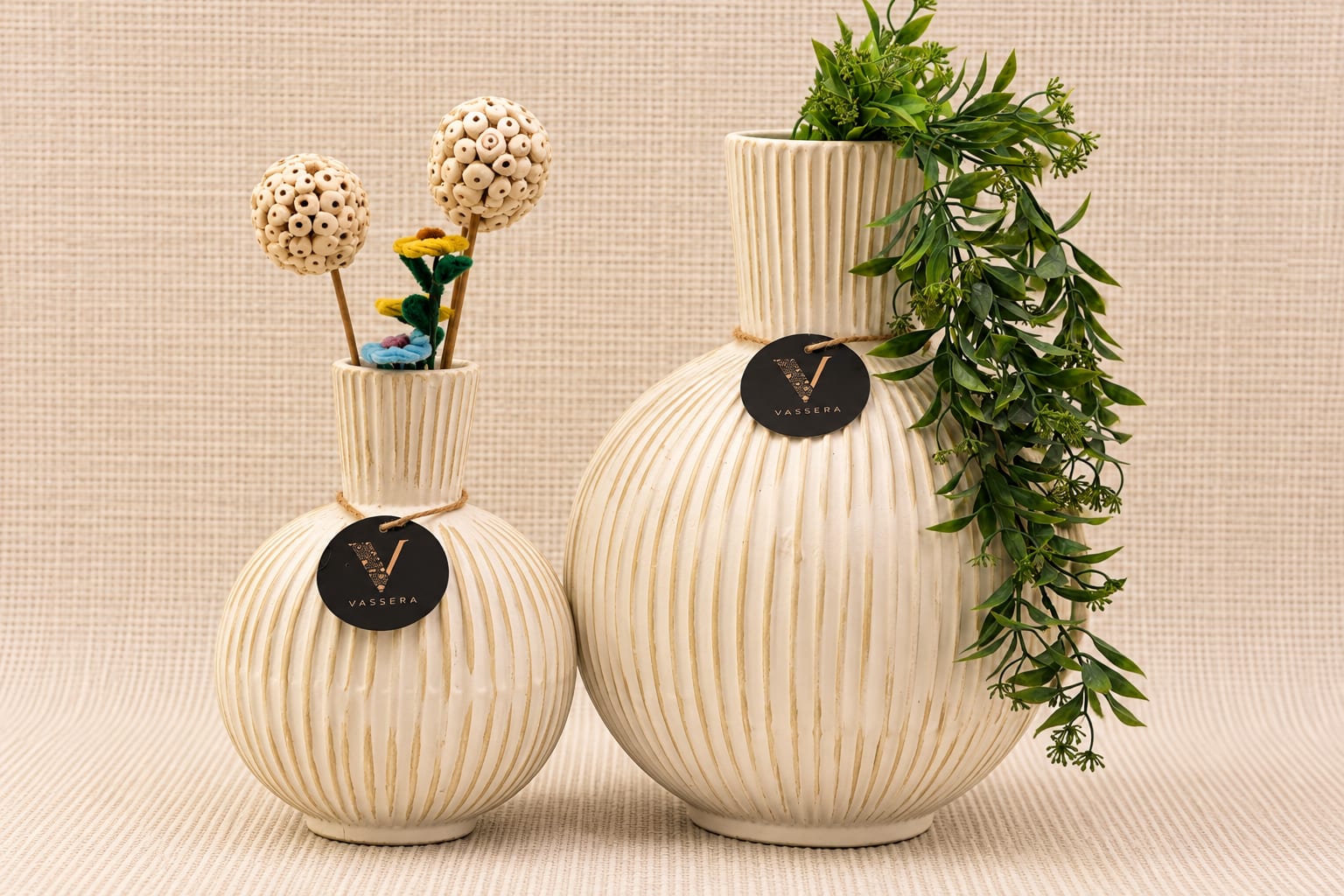 Ivory Harmony Ribbed Ceramic Vase Duo